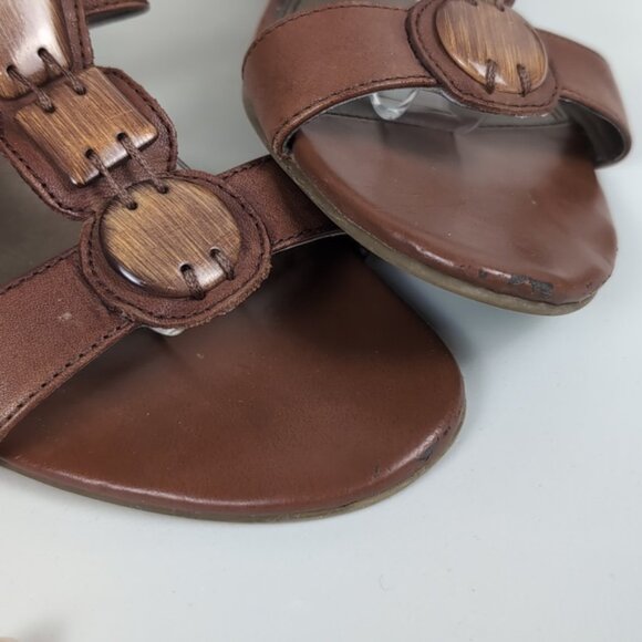 Coach And Four Genuine Leather Gladiator Beaded Strappy Wood Heels Boho - Picture 9 of 14